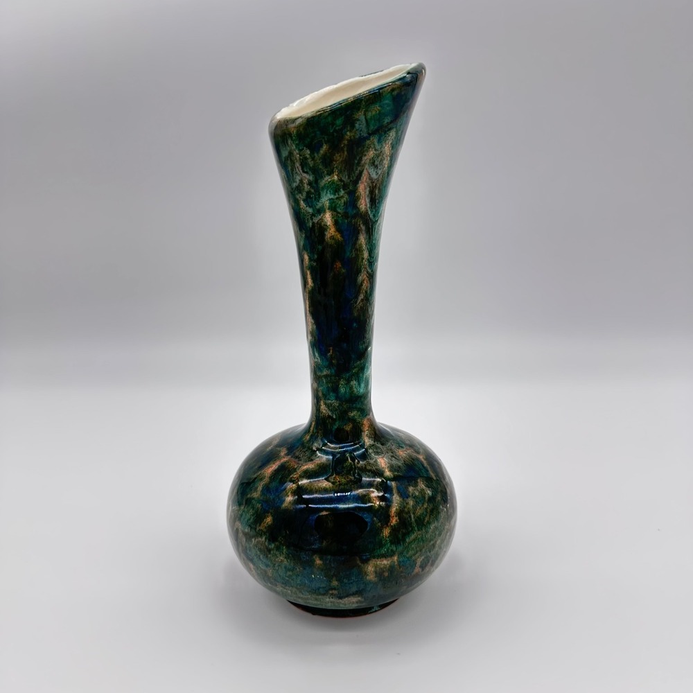 Blue Mountain Pottery Bud Vase 383 8.5" Teal Green Drip Glaze Slant Rim Vintage